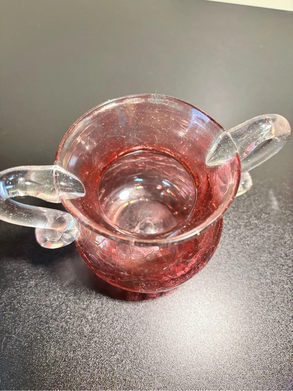 Handblown Cranberry Glass Creamer and Sugar Set with Clear Handles